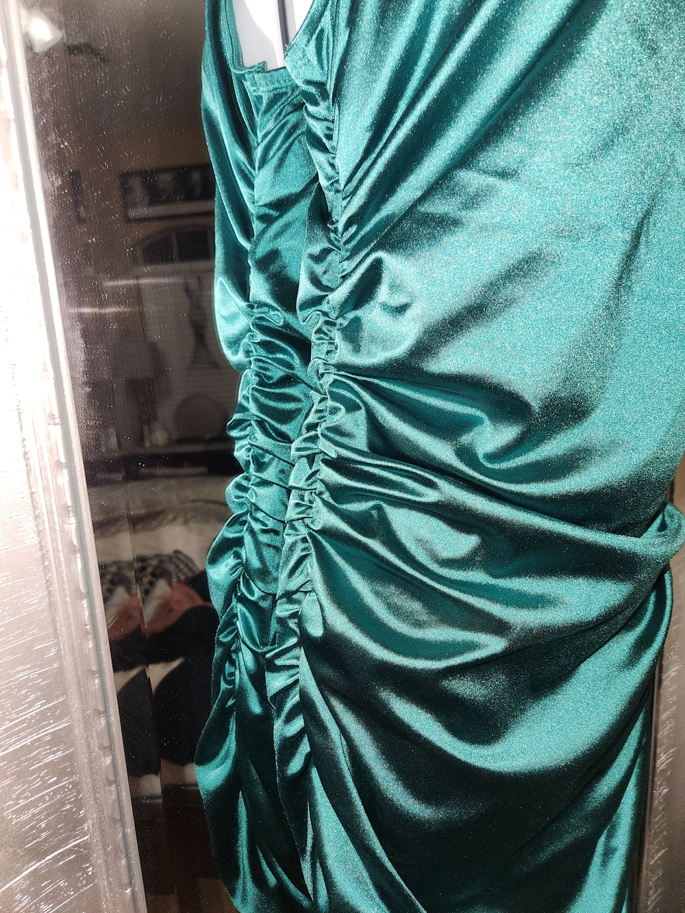 Justice Emerald Satin Asymmetrical Ruched Slip Dress - Picture 2 of 4